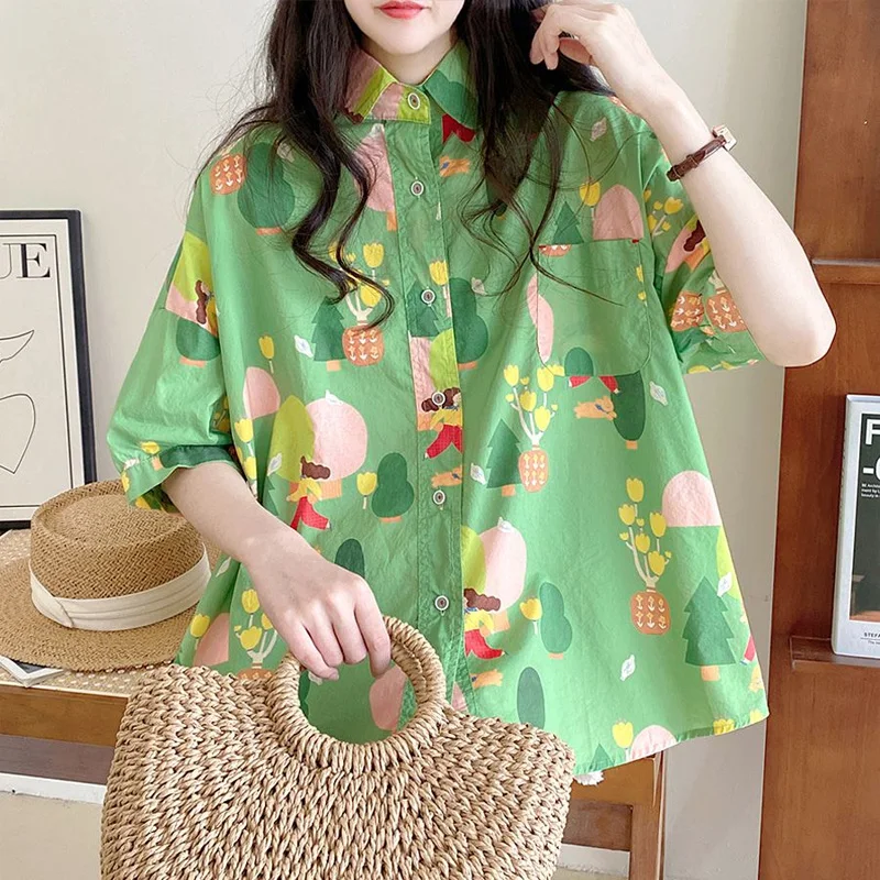 Camisa estampada com gola de boneca feminina, cardigã de botões soltos, puro algodão, tops com todos os fósforos, casual, doce, moda, verão, nova