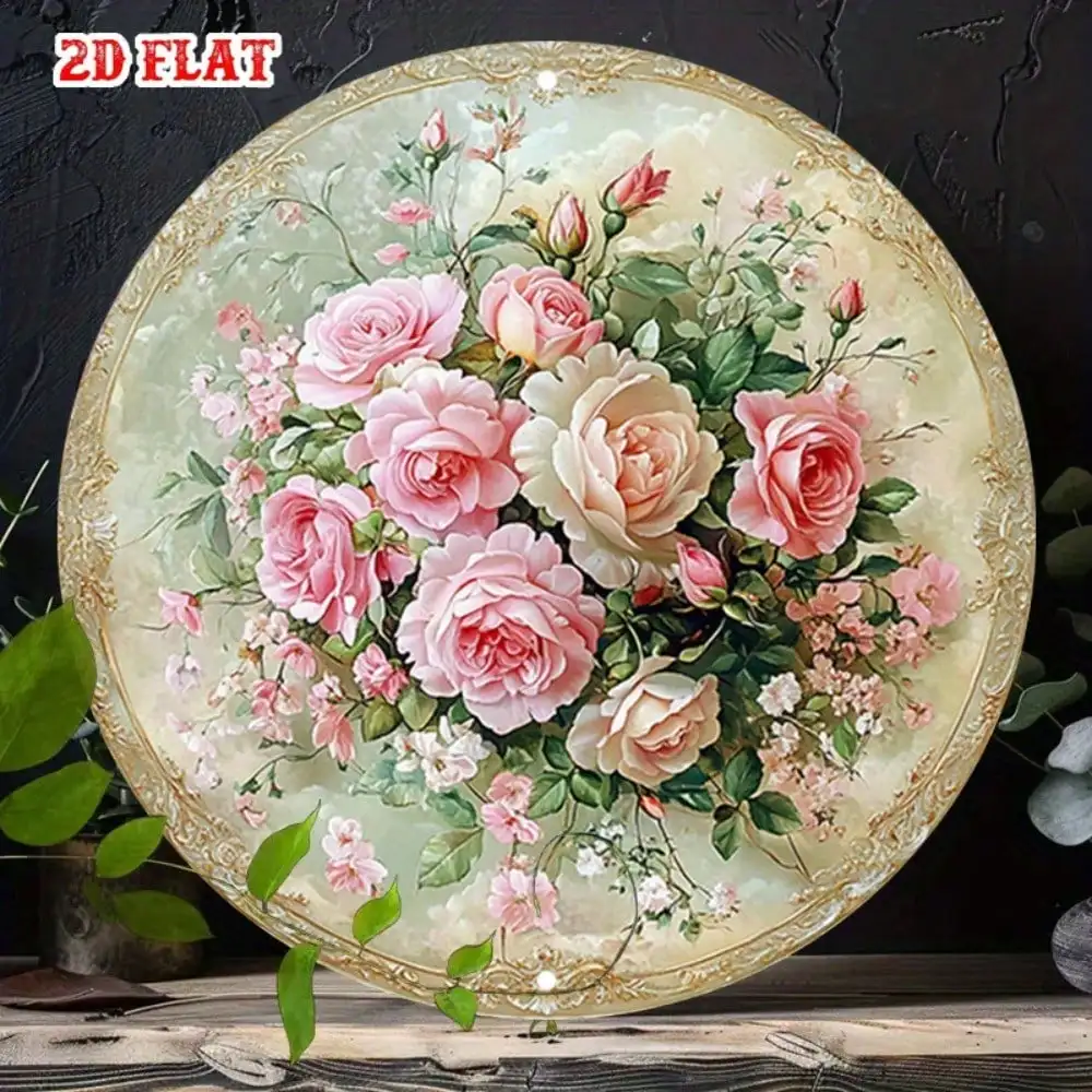 Vintage Rundes Metallschild Rosa Rosen Goldumrandung Retro Wandkunst Wohndekoration
