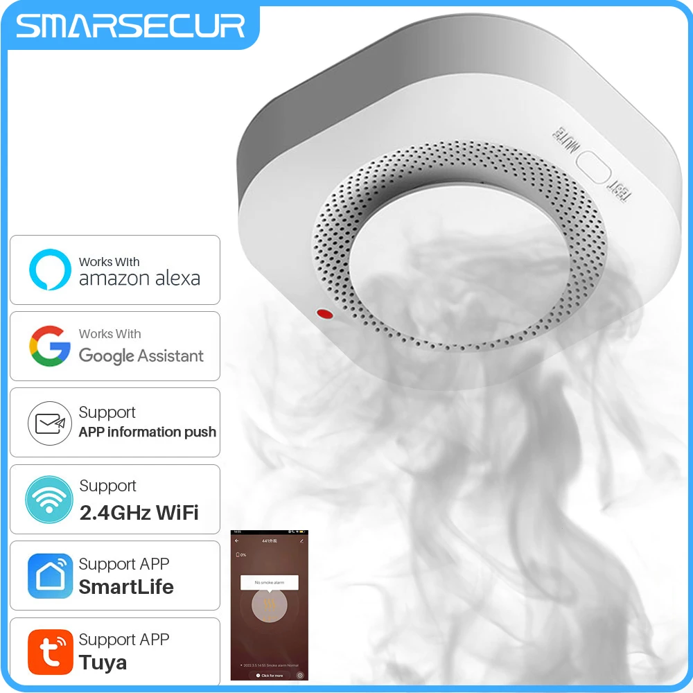 SMARSECUR-Sensor Detector de humo Wifi, alarma, sistema de seguridad para el hogar, sirena, protección contra incendios, Notificación por aplicación Smart Life