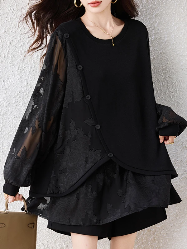 T-shirt da donna allentata di grandi dimensioni efficace dimagrante Patchwork pancia nascosta autunno Ele Sle Long Sve Crew Ne