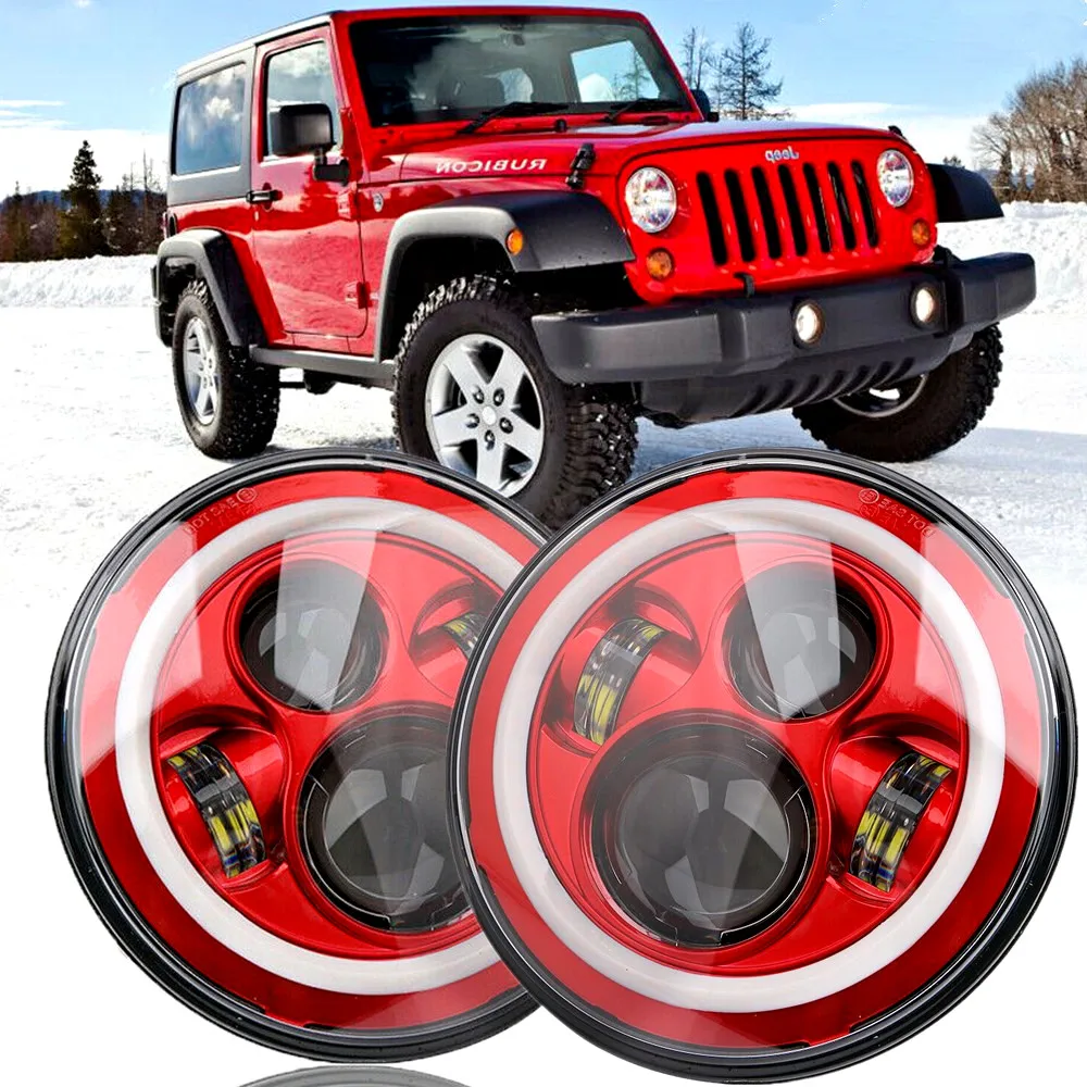 2pc 80W Red 7Inch Headlight For Lada Niva 4X4 Led Headlamp Assembly Front DRL Halo Lights For Jeep Wrangler JK TJ Accessories