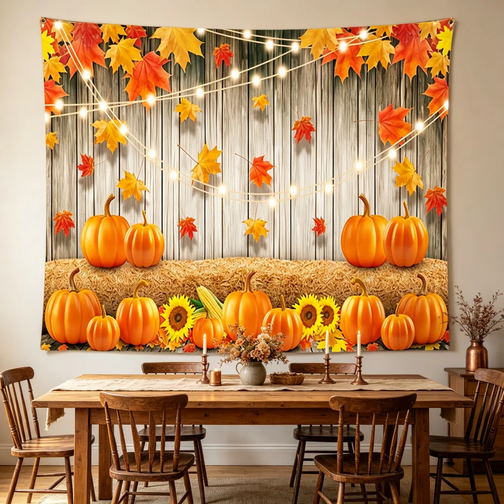 1PC Thanksgiving Fall Thanksgiving Wooden Pumpkin Maple Hay Print Backdrop Banner, Bedroom Photo Background, Polyester