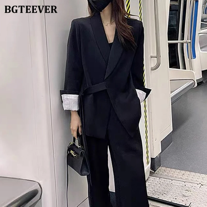 BGTEEVER Stylish Women Blazer Set Long Sleeve Lace-up Jackets & Wide Leg Trousers Suits Women Autumn Pant Suits Female Outfits