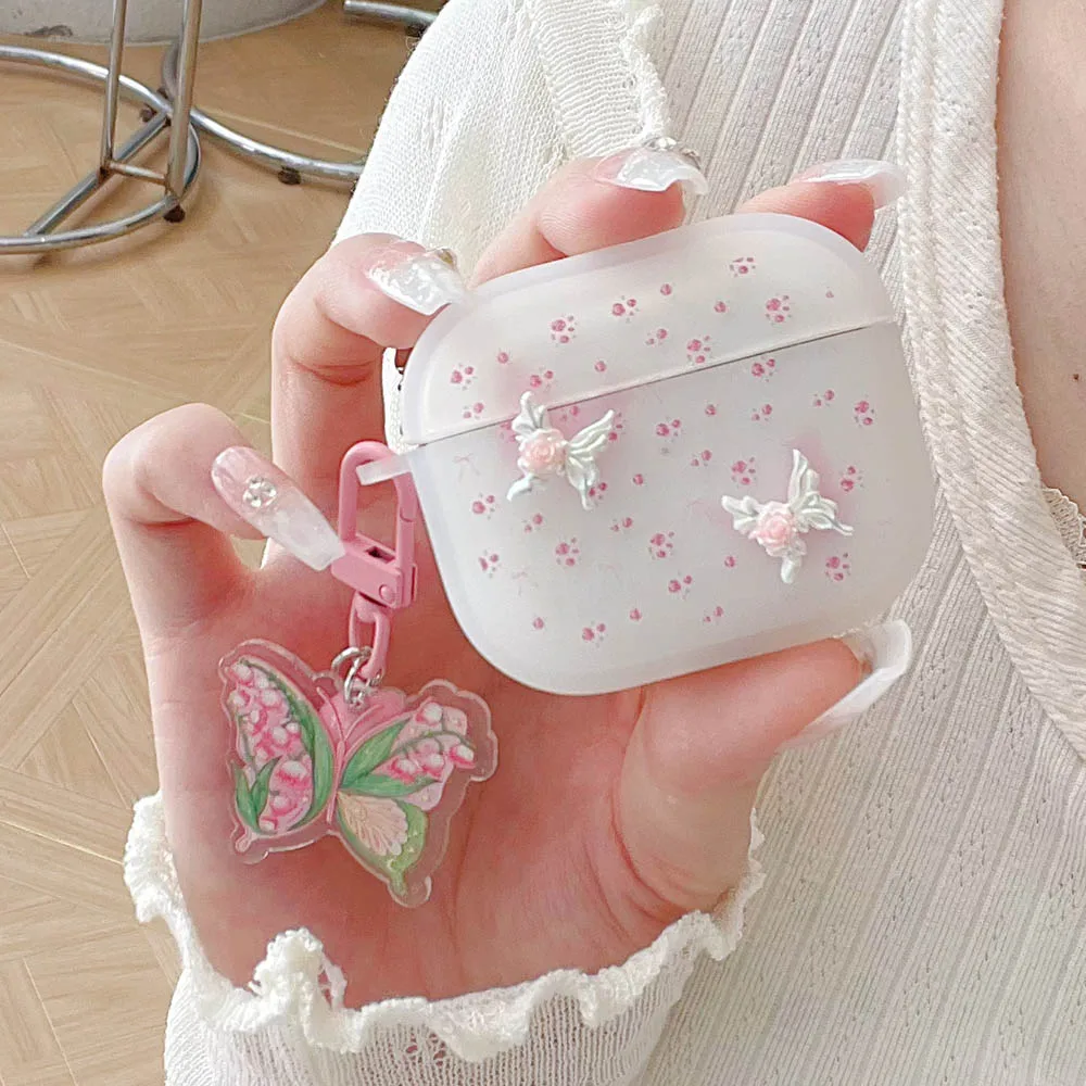 Korea Pink Floral 3D Butterfly Pendant Ornament Case for AirPods Pro 2 Matte Bluetooth Earphone Cover For Air Pods 1 2 3 Funda