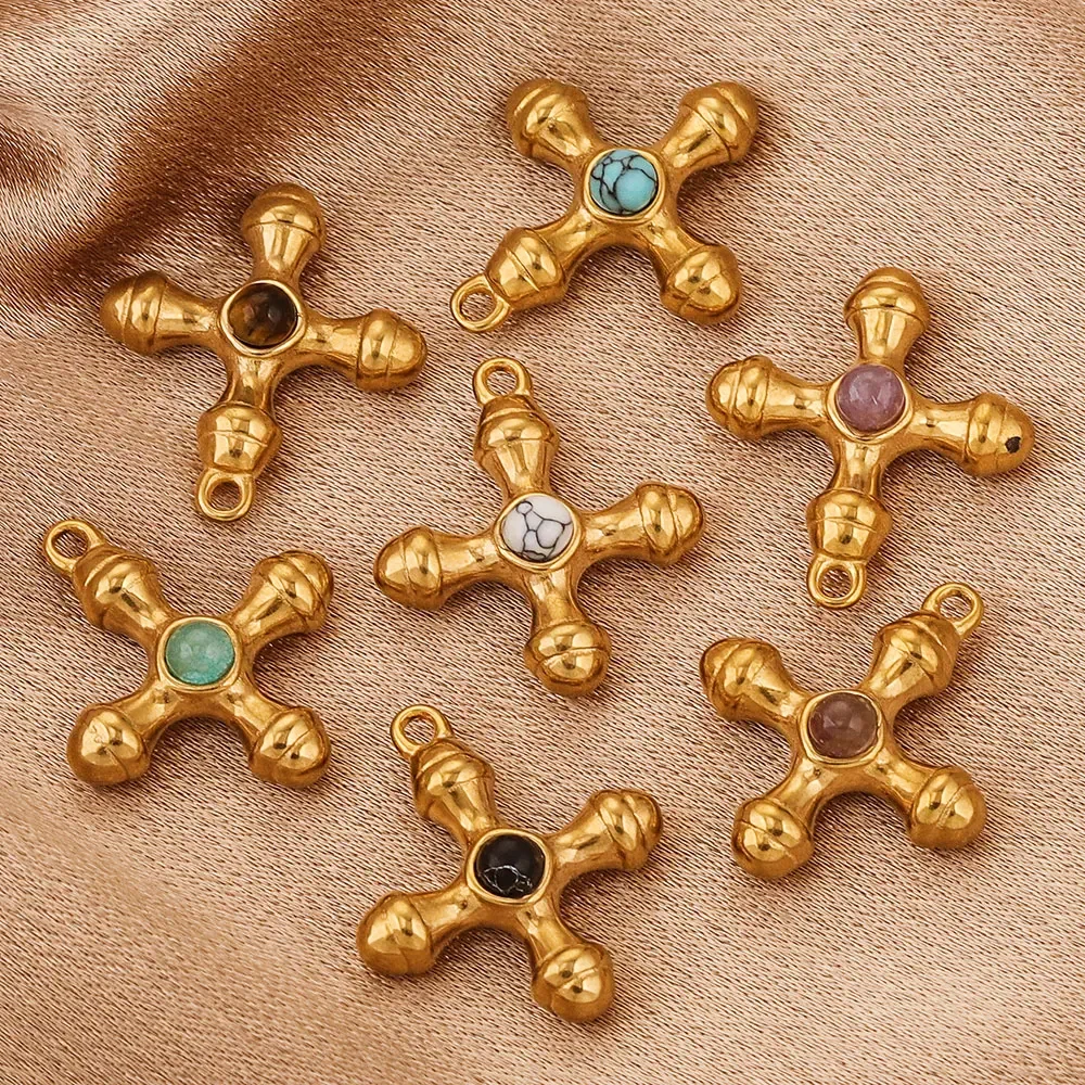 3pcs Stainless Steel Cross Charm Turquoise Stone Gold Plated DIY Necklace bracelet Earrings Jewelry Making Accessories Wholesale