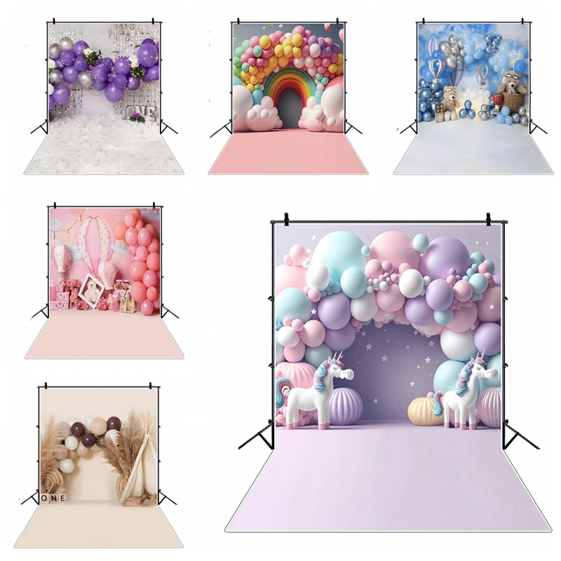 Baby 1st Birthday Photography Backdrops Boy And Girl Baby Shower Balloon Flower Party Decor Photographic Background Photo Studio