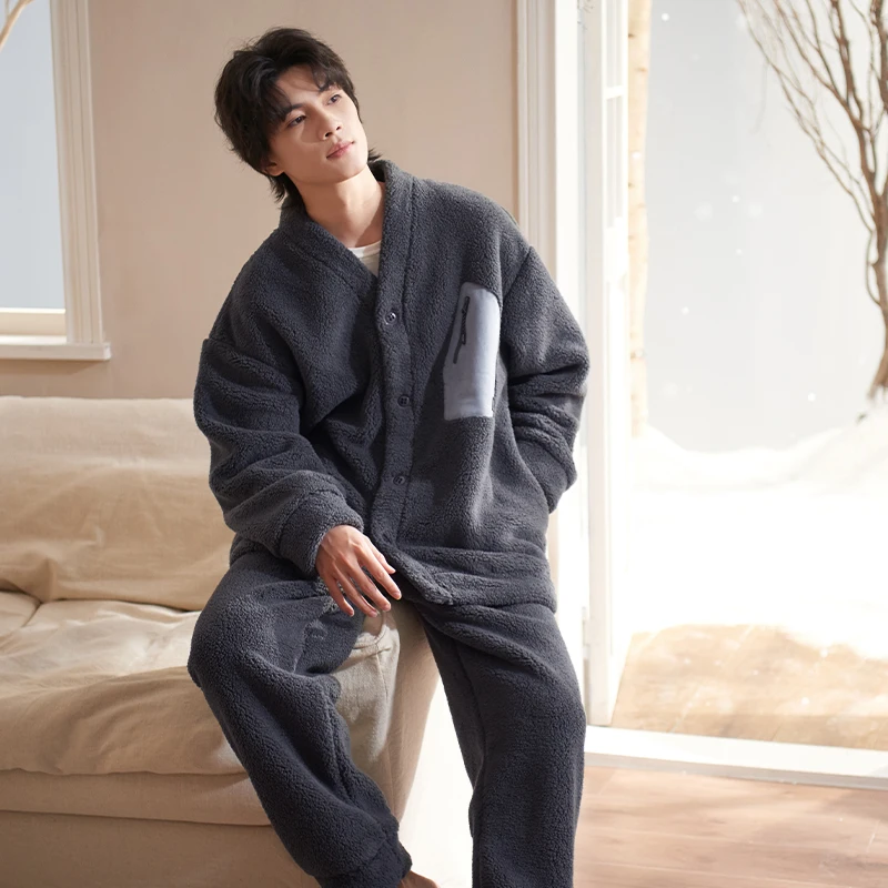 Men flannel pyjamas home clothes big yards sleepwear long sleeve pajamas for male pijama hombre coral fleece winter pijamas 3XL