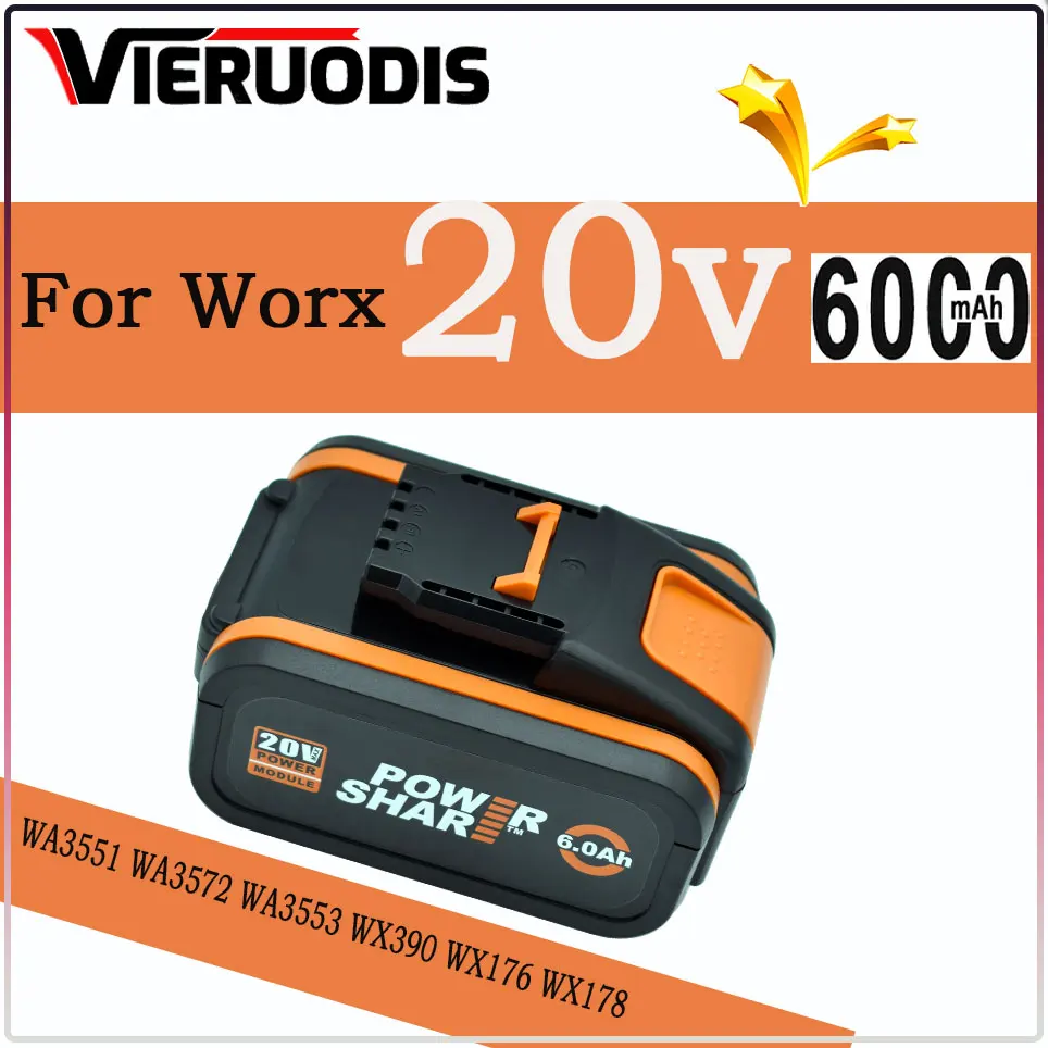 

For Worx WA3553 20V 6.0Ah Battery Cordless Power Tool Spare Batteriies WA3551 WA3572 WA3553 WX390 WX176 WX178 Batter