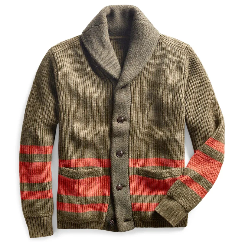 Men's Sweater Cardigan 2023 Autumn/Winter New Lapel Striped Vintage Single Breasted Large Size Woolen Coat