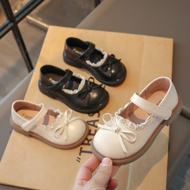 Girls Mary Jane Shoes with Bow-knot Round Toes Children Lace Princess Leather Shoes Lolita Style Kids Performance Shoes Simple