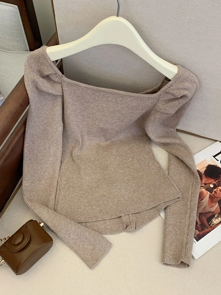 Korean Style Chic Square Collar Knitted Sweater High Quality Women Long Sleeve Slim Tops Autumn 2024 New Button Design Pullover