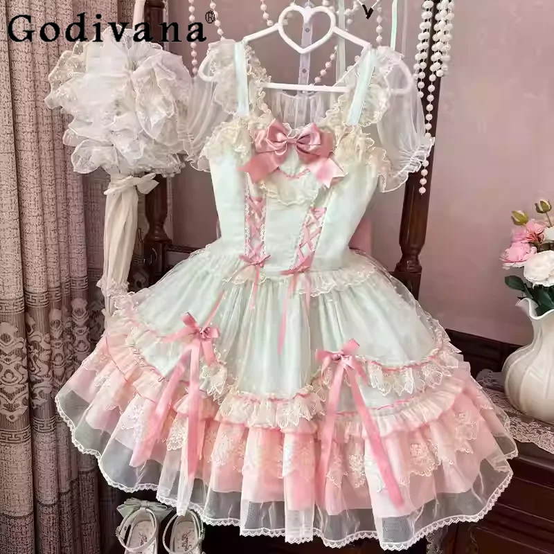 Lolita Summer Sweet Ballet Ruffles High Waist Jsk Cake Dress Cute Girl Elegant Slash Neck Lace Bow Square Neck Princess Dresses