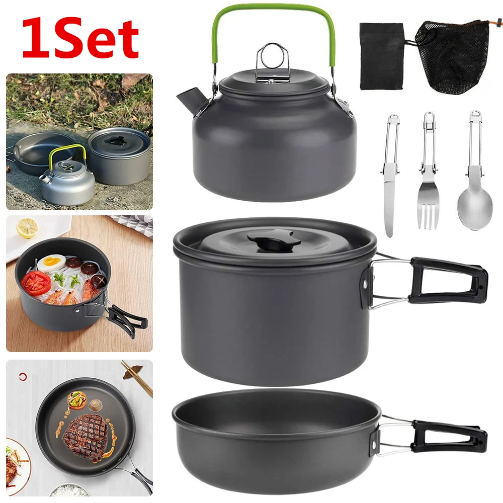 9-teiliges Camping-Kochset Tragbares Camping-Kochgeschirr Reise-Essgeschirr Outdoor-Picknick-Set Topf Pfanne Wasserkessel für Camping-Essgeschirr Wandern