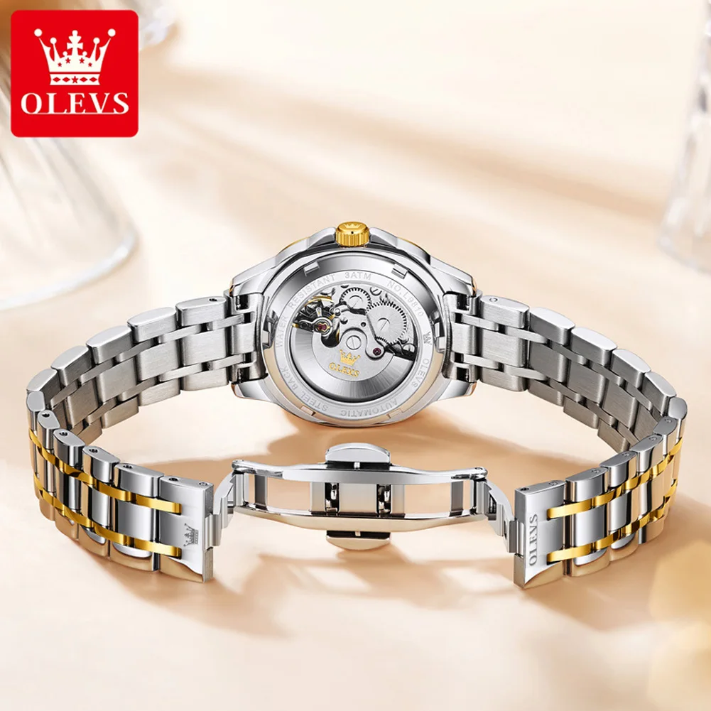 Jam Tangan Pasangan Romantis OLEVS 9810 Tahan Air Otomatis Mekanis untuk Pria dan Wanita dengan Fitur Luminous dan Bahan Stainless Steel