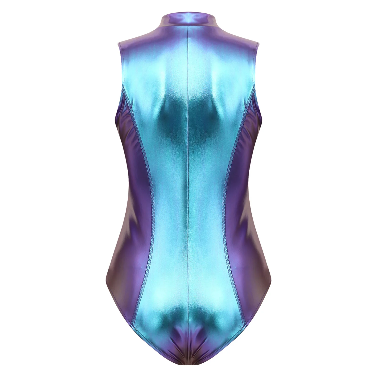 Womens Shiny Metallic Sleeveless Bodysuit Holographic Mock Neck Front Zipper High Cut Leotard Rave Festival Outfits Clubwear view 5