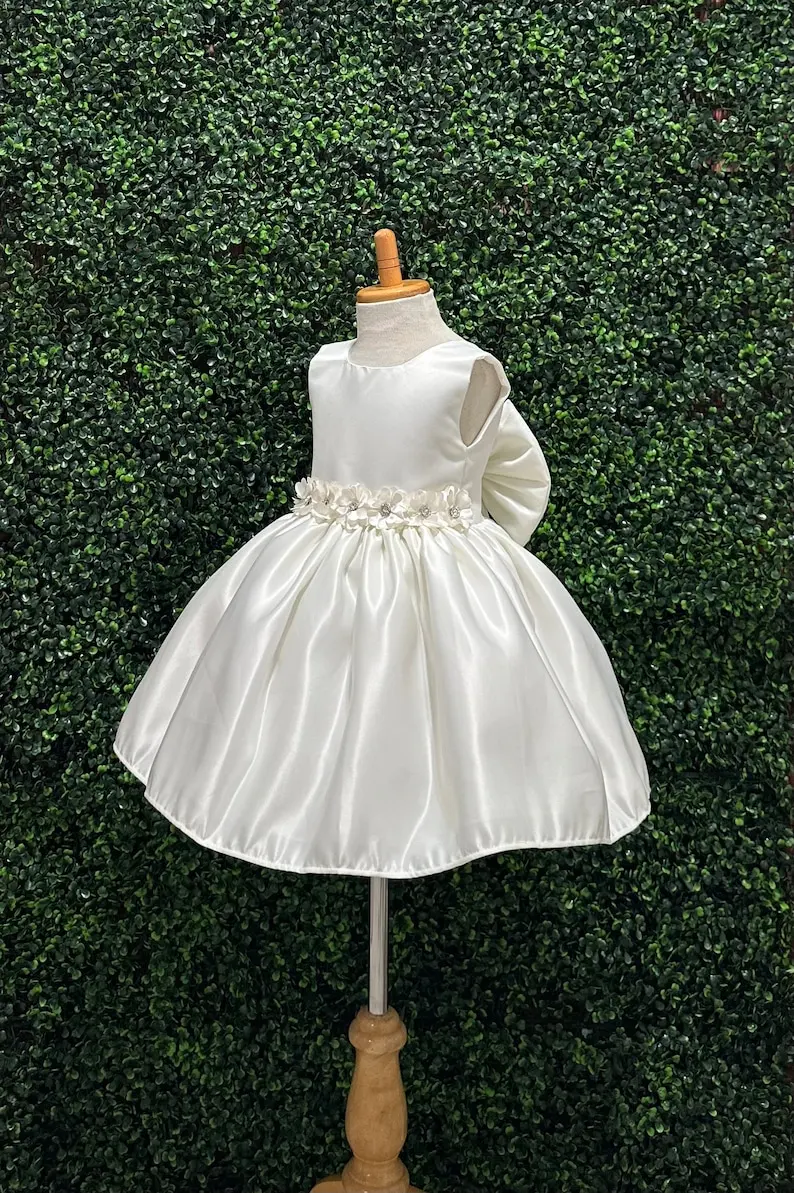 Ivory V-Back Knee Length Satin Flower Belt Big Bow Wedding Flower Girl Birthday Toddler Girl Baptism Communion Twirl Girl Dress