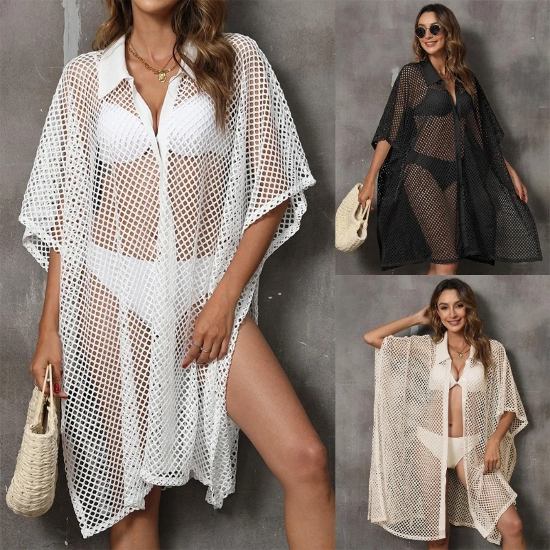 X5XA Hollowed Mesh Bathing Suit Coverup Blouse With Button Front For Women Sunbathing