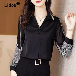 Elegant Chic Beaded Luxury Design Print Office Lady Commute Button Up Shirt Spring Autumn Women V Neck Long Sleeve Tops Blouses