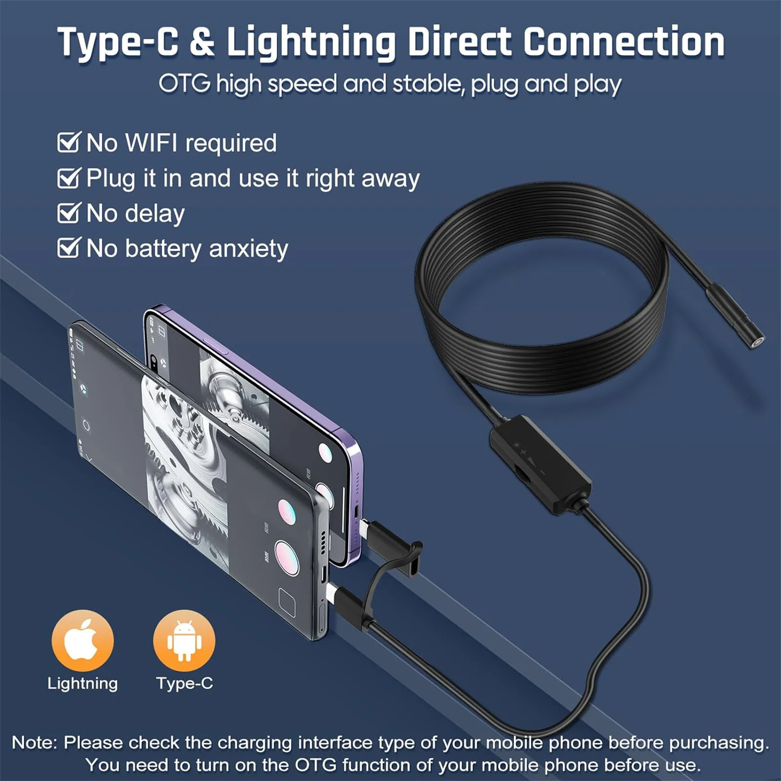 Industrial Endoscope HD1920 Wired Camera Direct Connect with IPhone Ipad 7.9mm LensPipe Inspection Borescope LED Waterproof