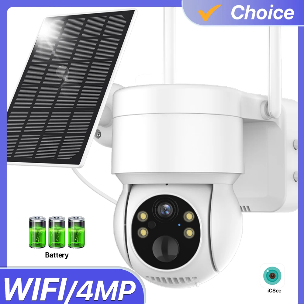 WiFi PTZ Camera Outdoor 4MP HD Built-in Battery Wireless Solar IP Camera Video Surveillance Camera PIR Human Detection iCsee APP