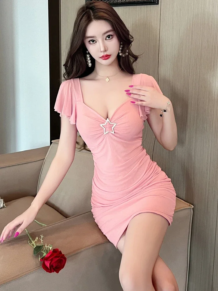 2024 Black Mesh Diamonds Square Collar Sexy Mini Dress Summer Flying Sleeve Casual Holiday Dress Women Korean Vintage Prom Dress