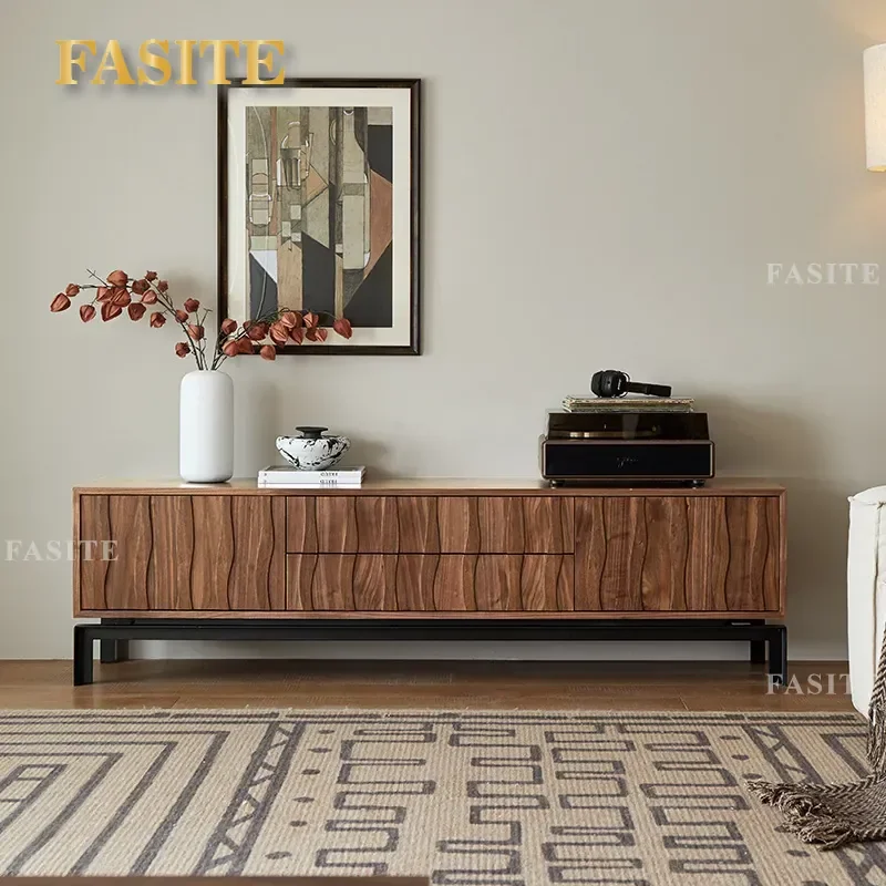 for North American Solid Wood TV Cabinet and Coffee Table Combo Large Living Room Retro Industrial Style Black Walnut Light