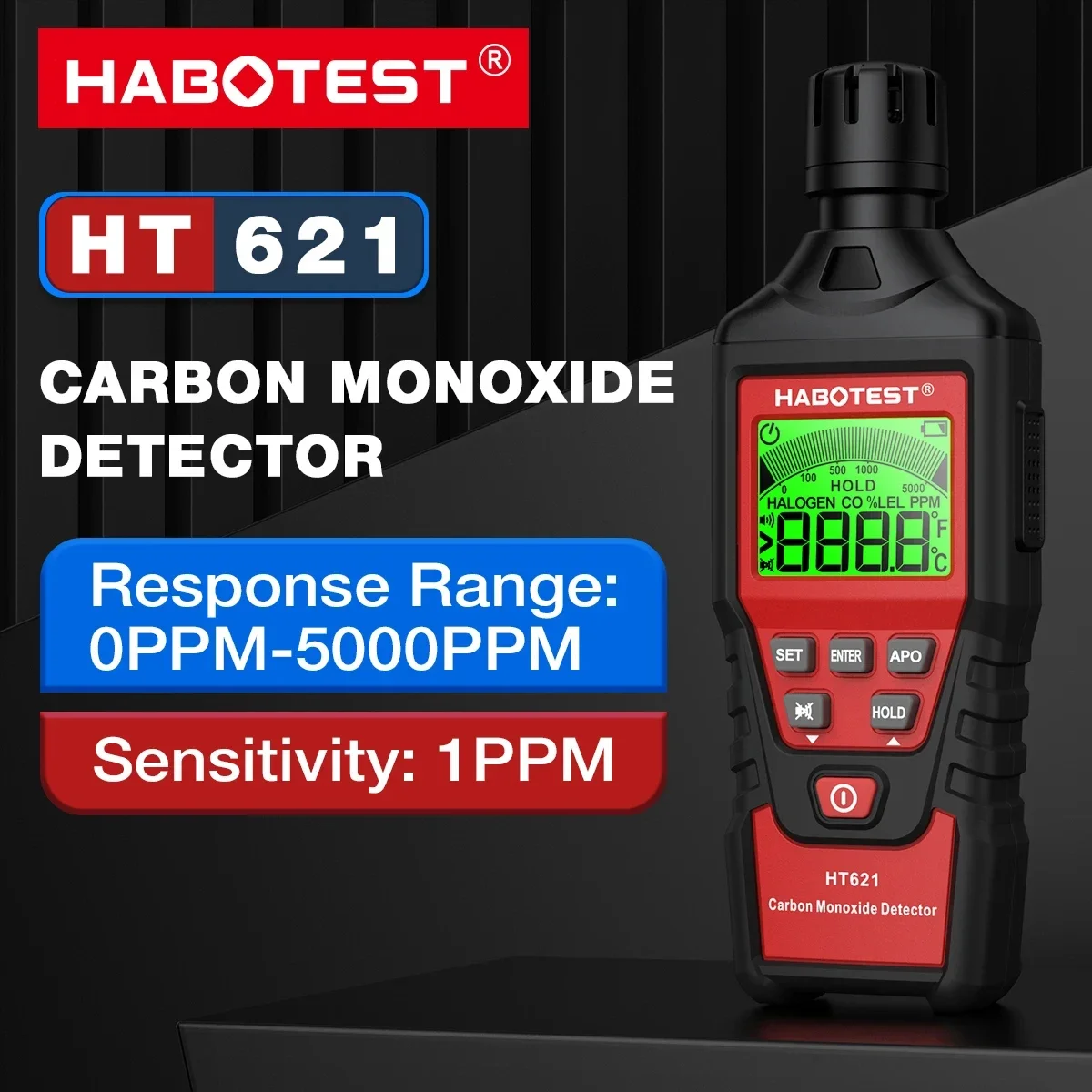 Детектор угарного газа HABOTEST HT621, тестер утечек CO 0-5000PPM, высокоточный (1PPM), с ЖК-дисплеем, подсветкой, звуковой и визуальной сигнализацией