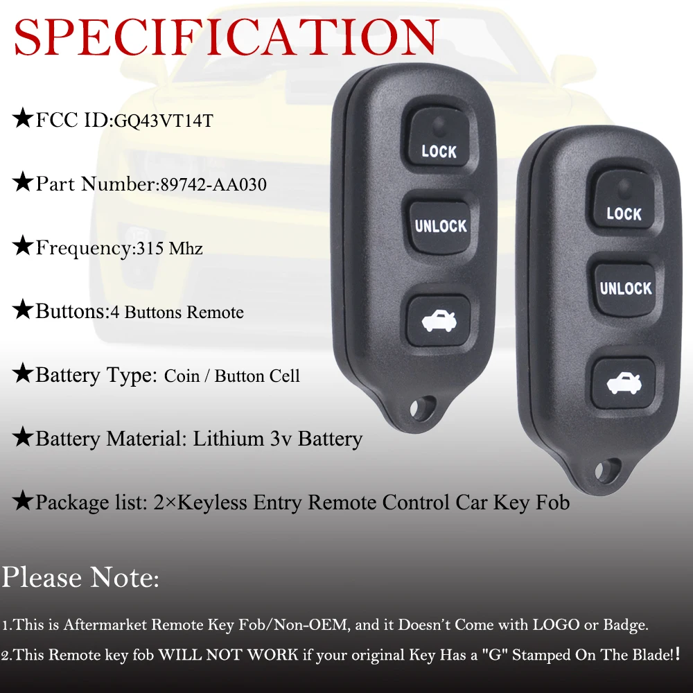 2 pcs For 2002 2003 2004 2005 2006 Toyota Camry Pontiac Vibe Car Remote Keyless Entry Key Fob GQ43VT14T