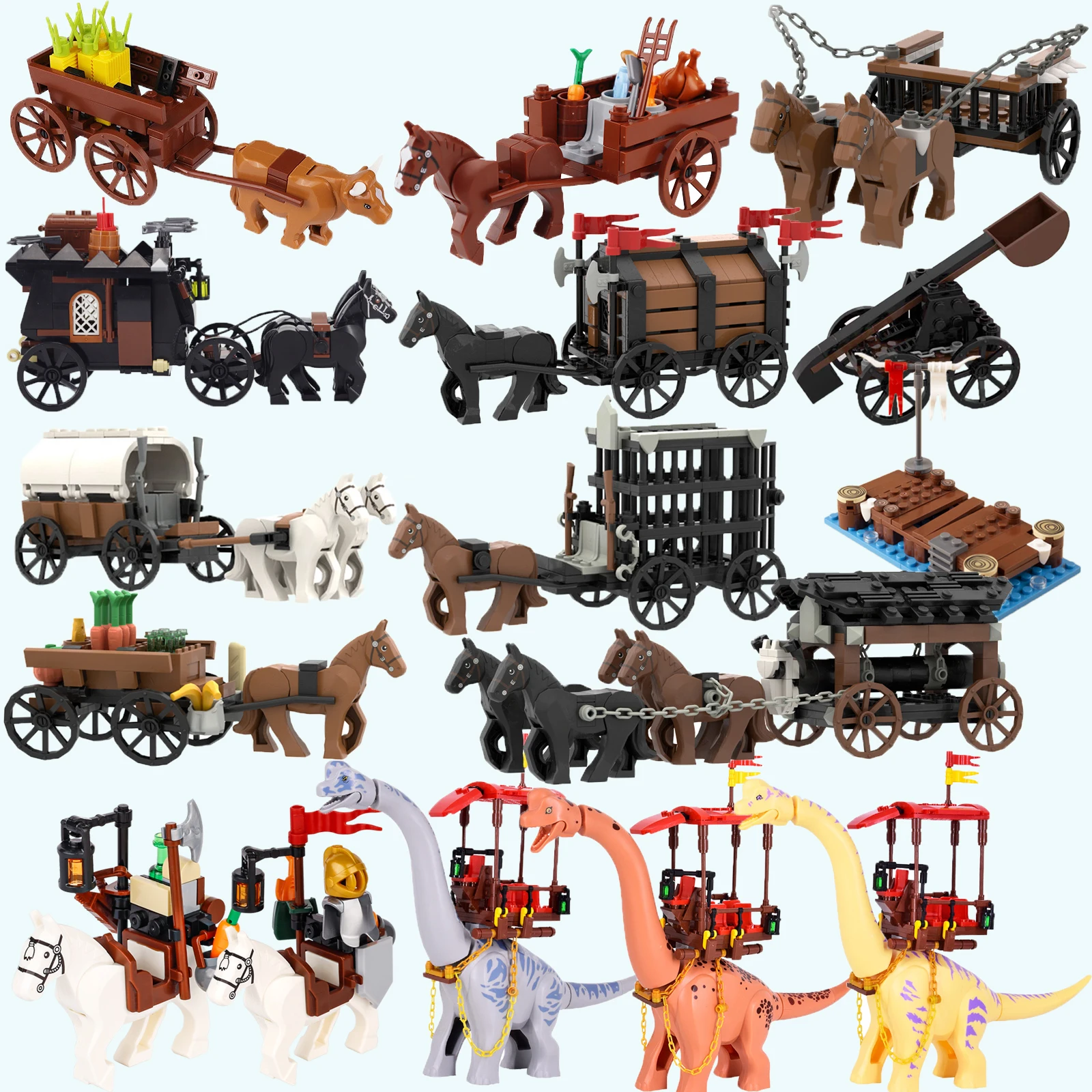 MOC-bloques de construcción de caballero, castillo militar Medieval, arma de caballo de guerra blanca y negra, figuras compatibles con vista a la calle, Juguetes