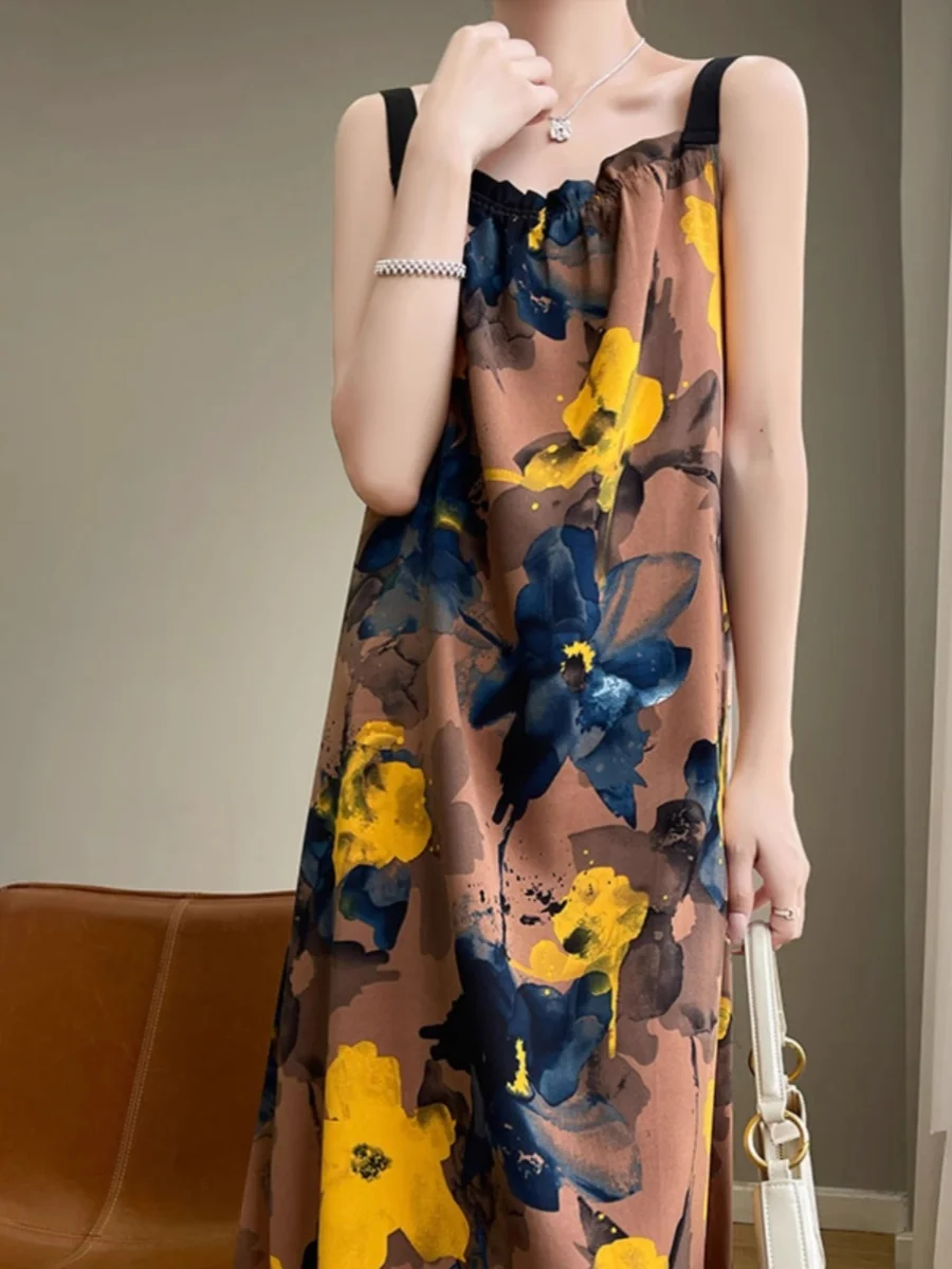Loose Korean Sle Satin Snowflake Print Acetate Strap Dr Long A-Line Gown Casual Summer Travel Beach Vest Dr