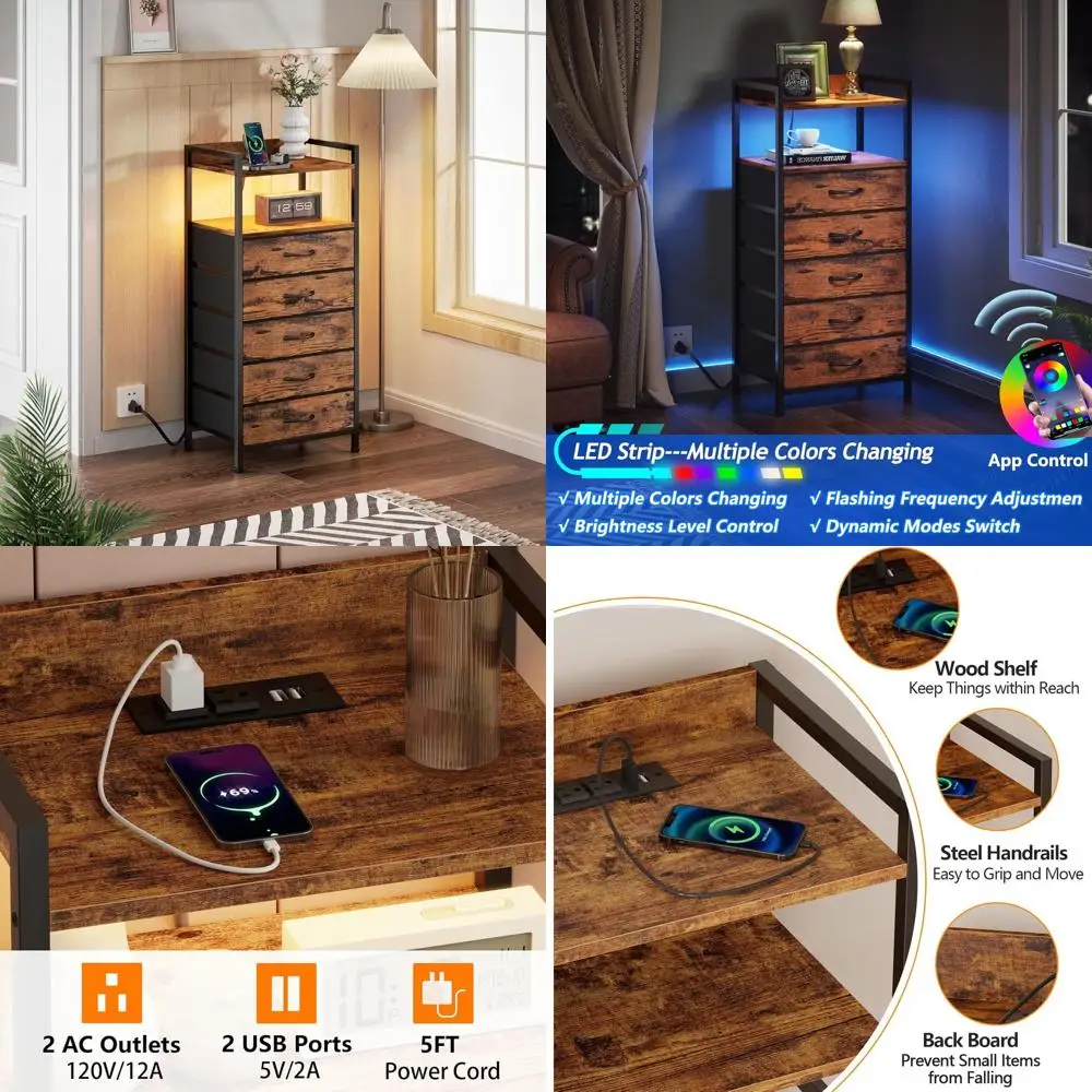 

Комплект мебели для спальни в деревенском стиле, коричневый: комод с 5 ящиками, высокая прикроватная тумбочка с LED-подсветкой и USB-зарядкой, маленький прикроватный столик, тумба для хранения.