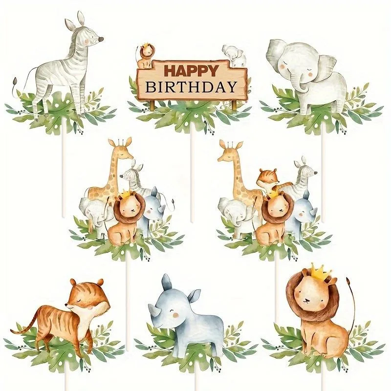 

8Pcs Jungle Animal Cake Topper 1st Happy Birthday Safari Theme Kids Baby Shower Party Supplies Wild One Cupcake Decorations