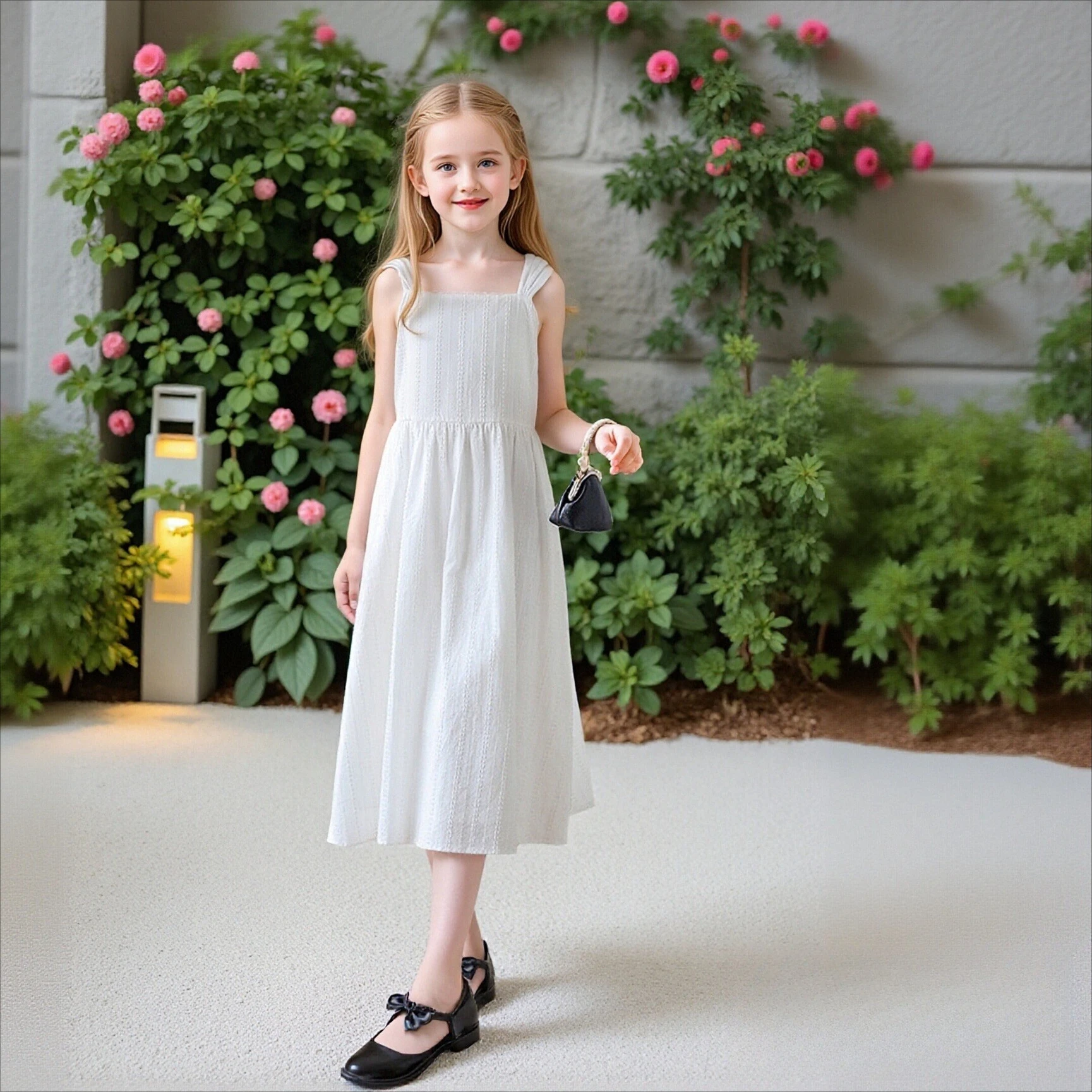 

Girls White Textured Strap Midi Dress Square Neck Smocked Back Princess Dress for Kids Summer Casual Holiday Wear Daily Outfits