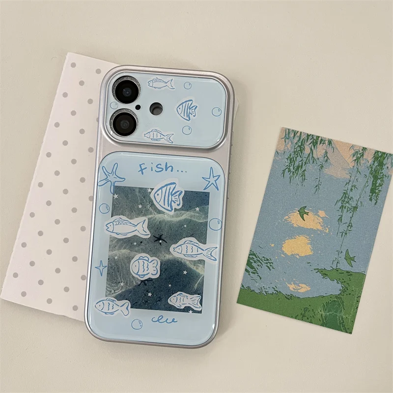 2026 New Fashion phone case Cute Ocean Fish Push Window iPhone Case for iPhone 15 16 17 Pro Max Photo Insert Shockproof Cover