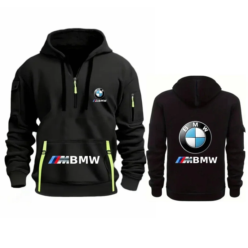 BMW Autumn/Winter Men's Casual Sports Hoodie Retro Harajuku Long Sleeve Zipper Multi Pocket Casual Fashion Loose Coat Street