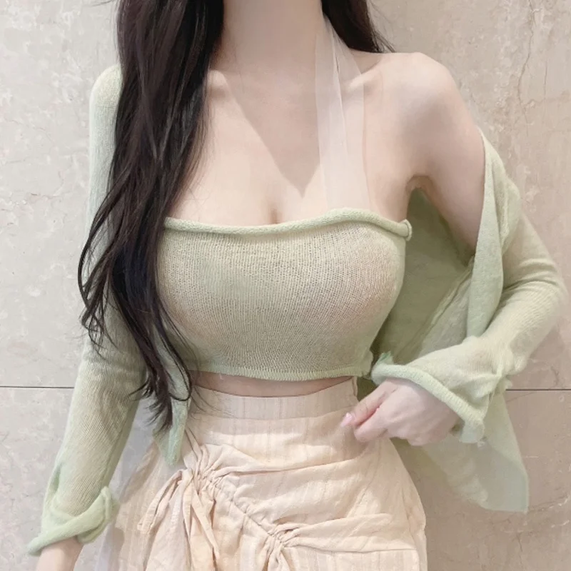 

Sexy Mint Green Lace Knitted Open Cardigan Set YL003 Refreshing Neck Hanging Strap Knitted Sweater for Women in Their 20s And...