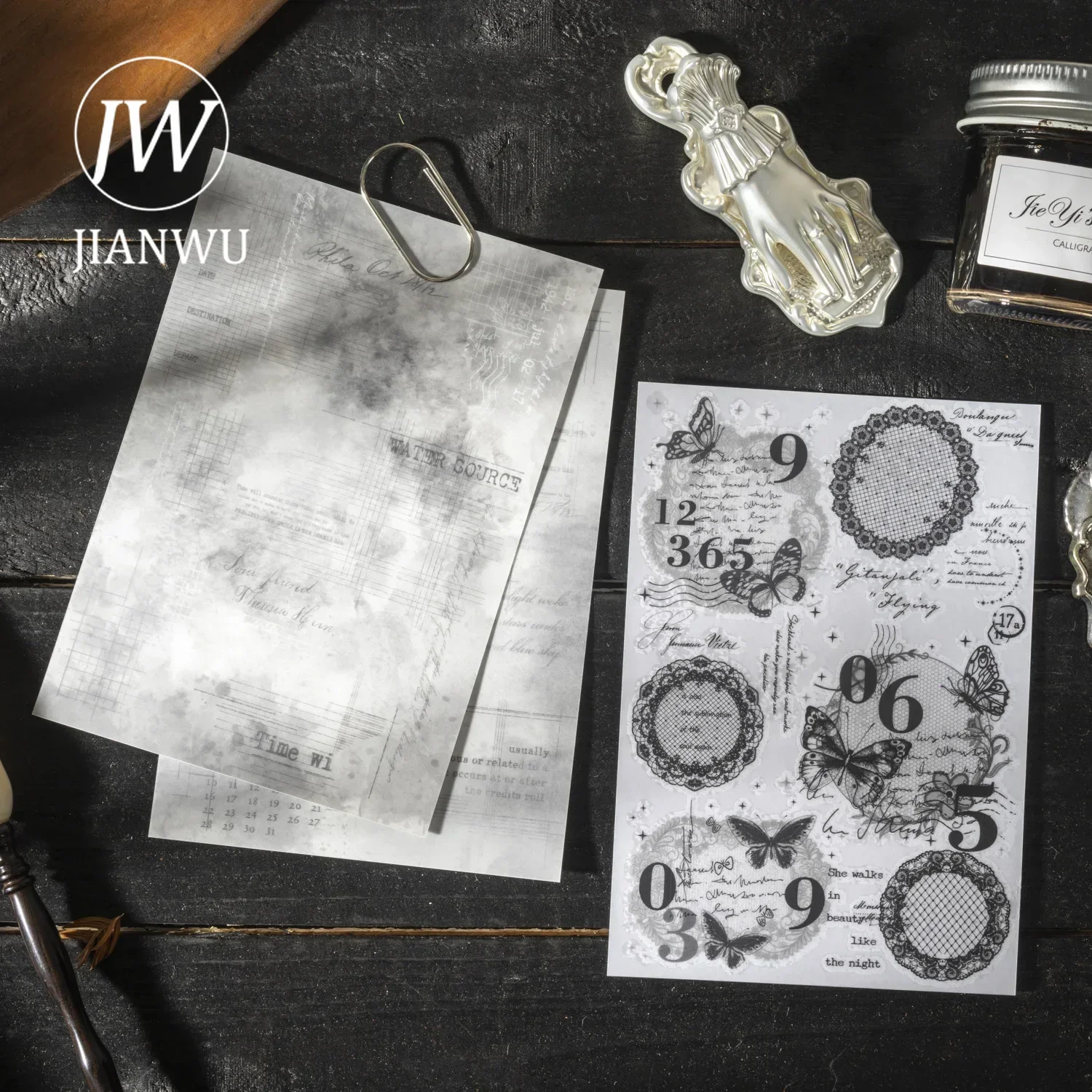 JIANWU Paper Marks Series Vintage Lace Smudge Label Material Collage PVC Transfer Sticker Creative DIY Journal Stationery