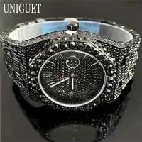 Reloj UNIGUET negro fresco para hombre, relojes de cuarzo de acero inoxidable de lujo, reloj de pulsera de moda Hip Hop con diamantes helados para hombre, triangulación de envíos
