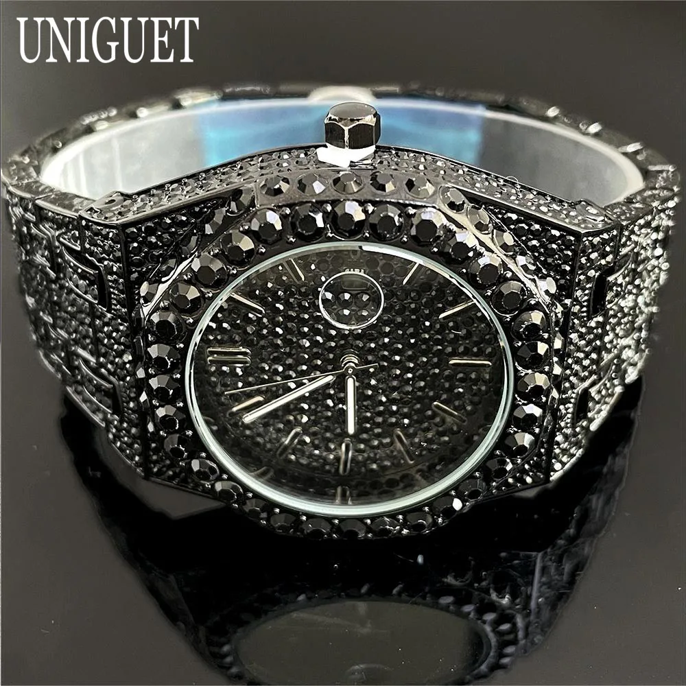 UNIGUET Cool Black Watch For Men Luxury Stainless Steel Quartz Watches Fashion Hip Hop Iced Diamond Wristwatch Man Dropshipping