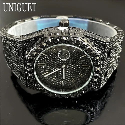 Reloj UNIGUET negro fresco para hombre, relojes de cuarzo de acero inoxidable de lujo, reloj de pulsera de moda Hip Hop con diamantes helados para hombre, triangulación de envíos