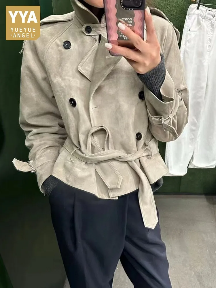 Designer Moda Donna Autunno Vera pelle scamosciata Giacca in pelle scamosciata Cappotto doppiopetto con cintura Stile corto Luxury Lady Moto Biker Outwear