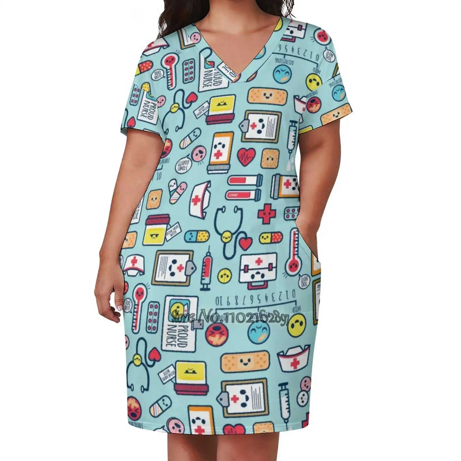 Proud To Be A Nurse / Surface Pattern Design / Blue Loose V-Neck Short Sleeve Skirt Elegant High Quality Dress Lightweight