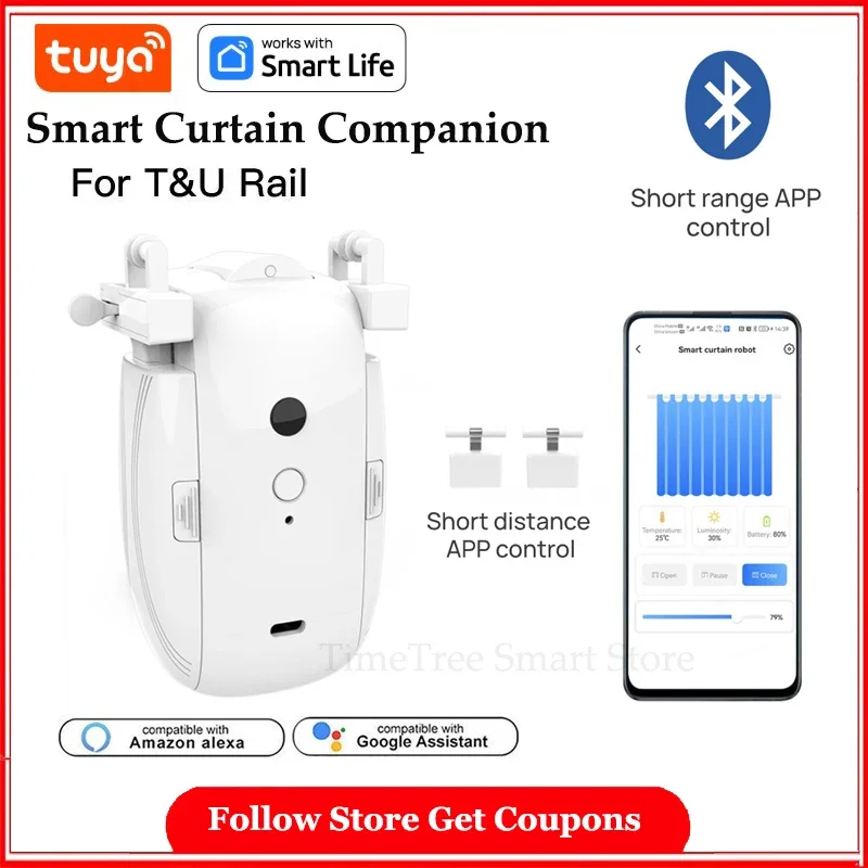 

Tuya Smart Curtain Companion Robot (T/U-shaped track) Bluetooth APP Short Range Control, Timed switch, Pull-to-start, 8KG load