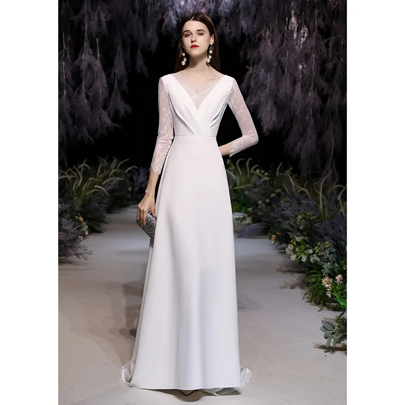 

Korean Style Light Wedding Dress New French Simple Elegant Bride Satin White Gown Long Sleeve Floor-Length Outdoor Veil