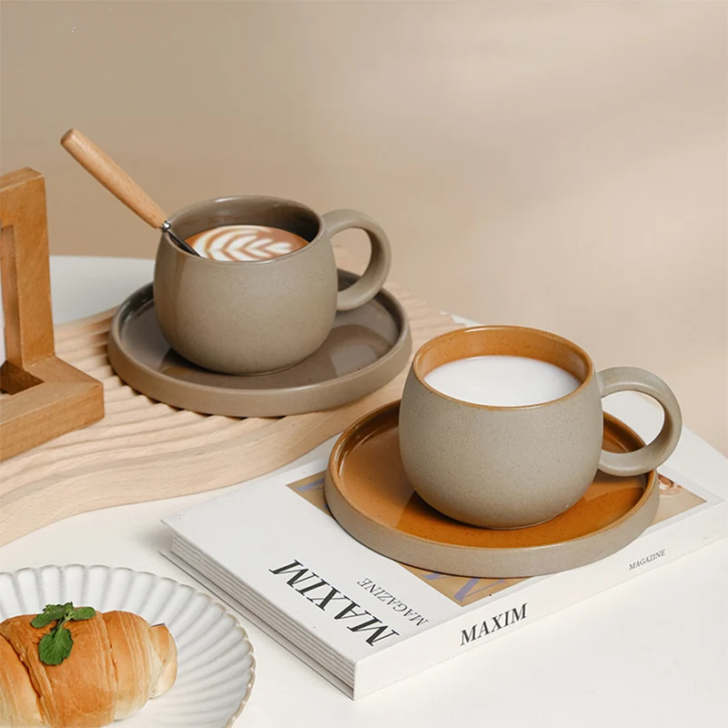 Pottery Mug For Latte Cappuccino Milk Juice Cocoa Cups With Dish