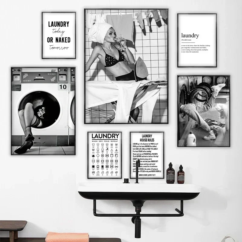 Nordic Laundry Guide Symbols Posters and Prints Sexy Woman Laundry Room Sign Decorative Paintings Canvas Wall Art Pictures Decor