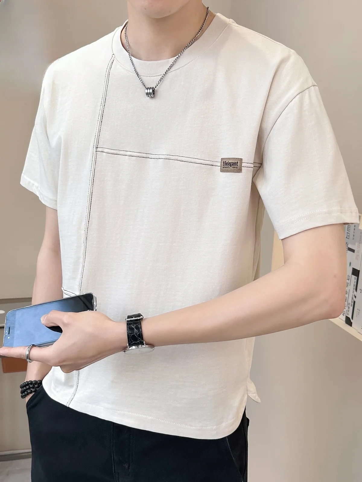 

Мужская летняя футболка из чистого хлопка с коротким рукавом, новая коллекция, модный бренд, асимметричный крой, свободный крой, молодежная модель.