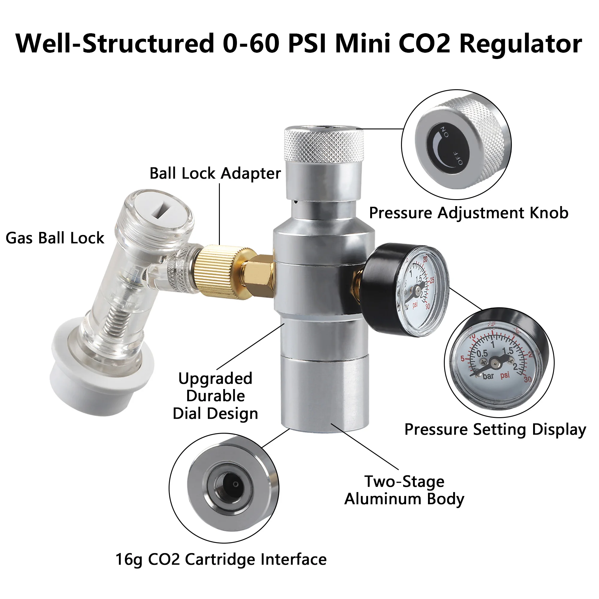 Beer Keg Charger Dispenser Mini CO2 Regulator 0‑30PSI Keg Kit with 3/8 Inch Thread Adapter and Gas Ball Lock Quick Disconnect