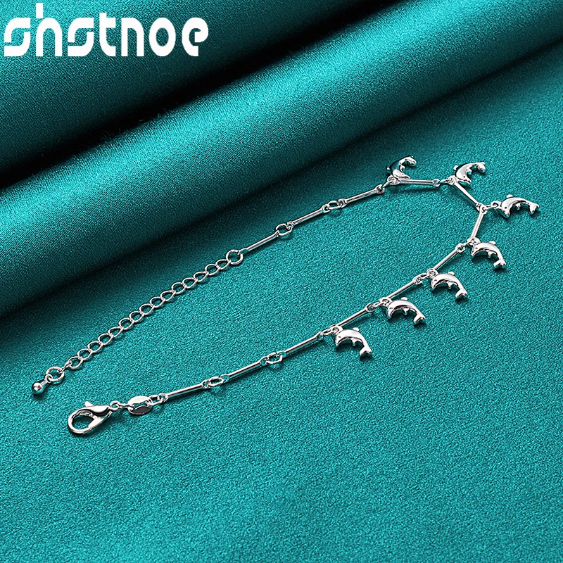 SHSTONE 925 Sterling Silver Bracelets For Women Party Wedding Christmas Fashion Jewelry Cute Gift 7 Dolphin Pendant Chain Bangle