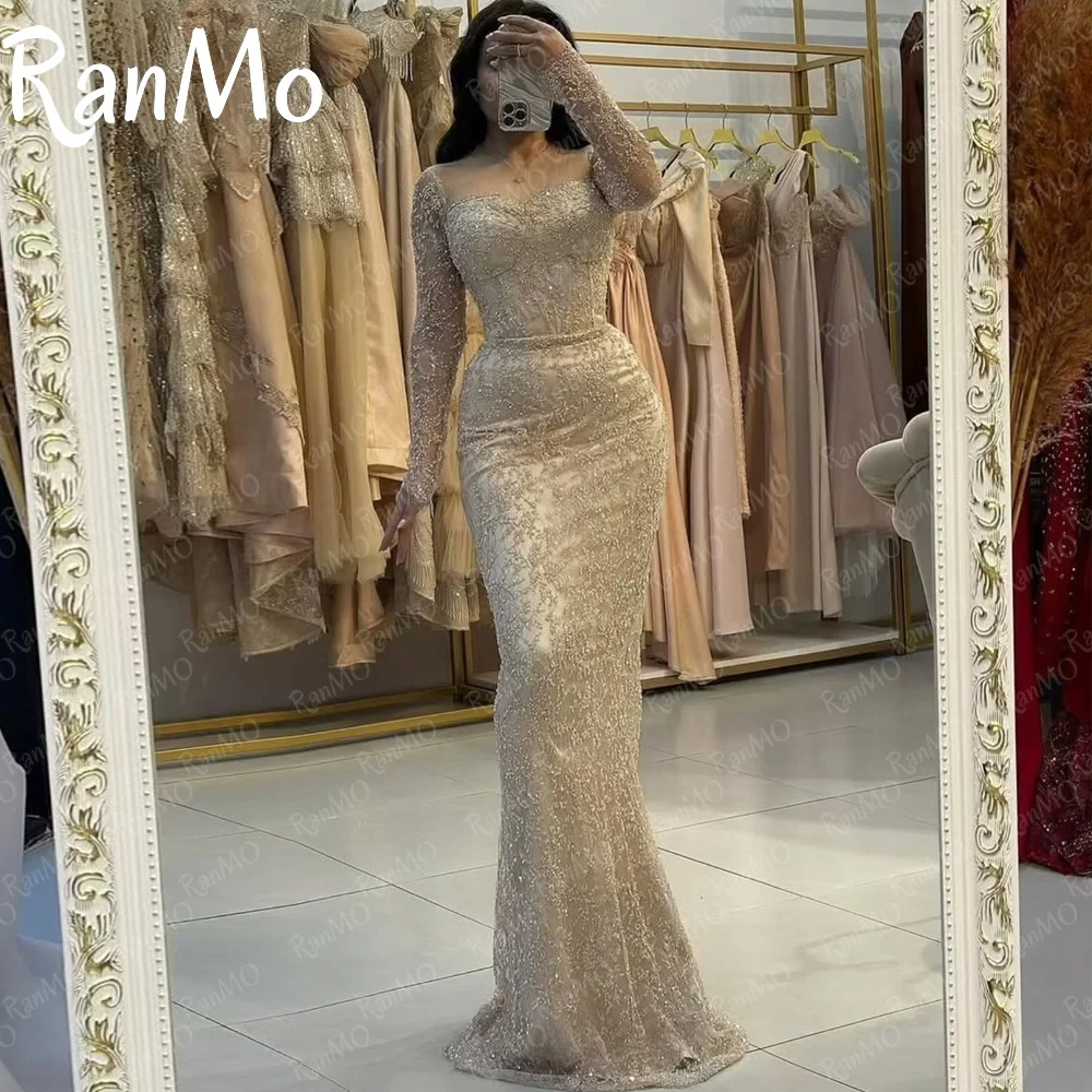 Ranmo 2025 Customized Modern Long Sleeves Prom Dresses Square Collar Beadings Flowers Floor Length Party Dresses Evening Dresses